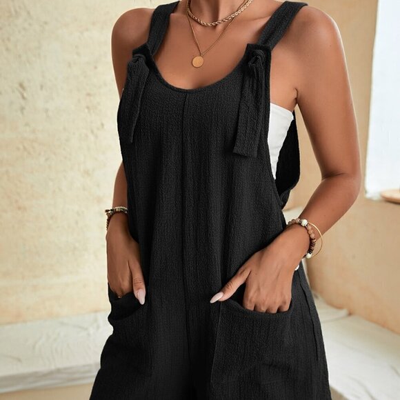 Black Casual Women's Knot Front Pocket Patched Overall Romper Without Tube Top - Picture 2 of 5